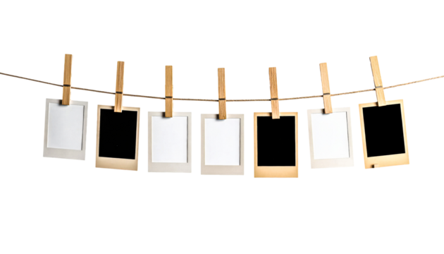 Hanging photos photo display polaroid pictures memories clip board on transparent background