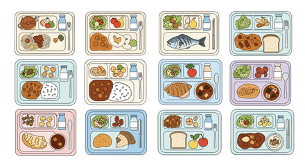 Diverse school lunch trays showing a variety of delicious meals for kids