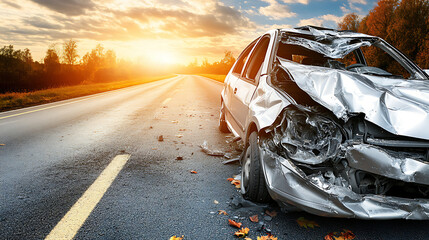 Wrecked car after traffic accident at sunset on a countryside road