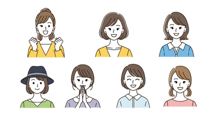 Diverse collection of pixel art women expressing a range of positive emotions and styles