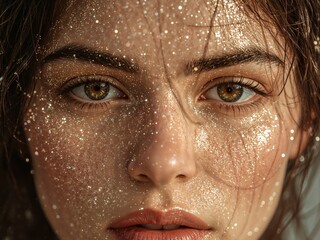 Golden Glitter. A Portrait of Radiance and Beauty with Sparkling Skin.