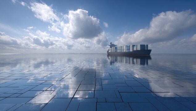 Large cargo ship on placid water, mirrored on a tiled surface, under a partly cloudy sky