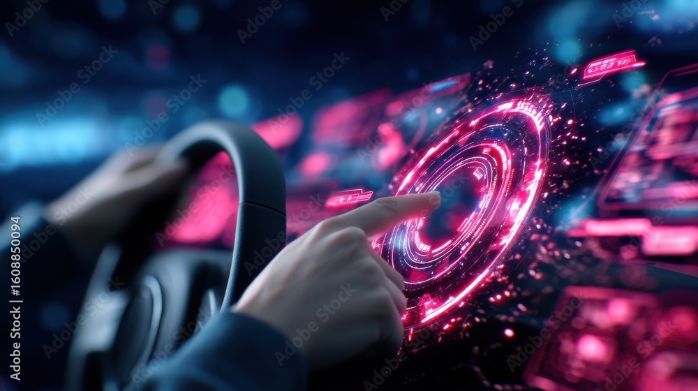 Poster a hand interacts with a futuristic digital touchscreen interface inside a vehicle, highlighting adva