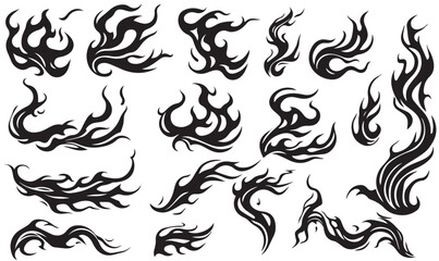 Flame silhouette. Black fire set isolated on white background. Old school tattoo neo-tribal style or silhouette flame for cars. Minimalistic stylish fire outline and filled contour. Vector set, v2