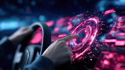 A hand interacts with a futuristic digital touchscreen interface inside a vehicle, highlighting advanced technology and smart driving features.