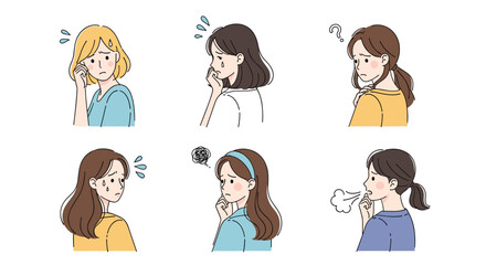 Illustrations of women experiencing various emotions and physical sensations like discomfort worry and sneezing