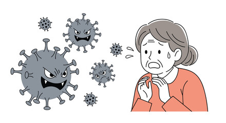 An elderly woman experiences respiratory distress as she is exposed to dangerous airborne viruses causing illness and contagion risk in a medical setting illustration