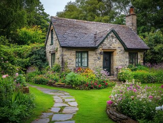 Photo of a peaceful countryside cottage with flowers blooming around it