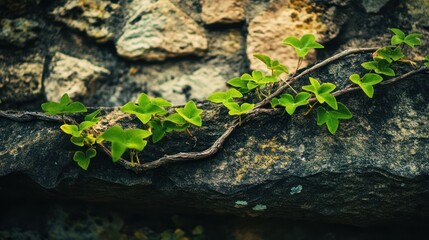 Ivy clinging to weathered stone wall showing resilience and growth