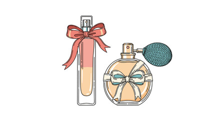 Elegant perfume bottles with decorative ribbons and vintage atomizer for sophisticated fragrance presentation