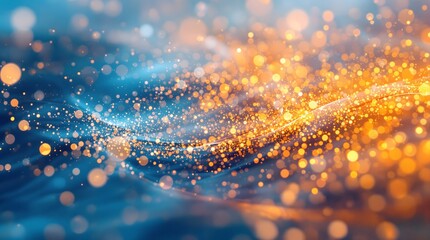 Mesmerizing bokeh lights dance across a dynamic blue and gold abstract wave, evoking celebration and inspiration