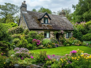 Photo of a peaceful countryside cottage with flowers blooming around it