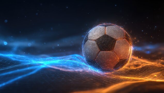 Glowing soccer ball on a vibrant energy field