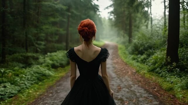 A woman in a black dress walking down a dirt road in the woods