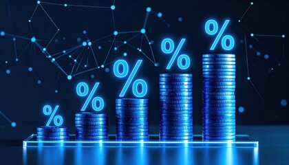 Blue Futuristic 3D Bar Chart With Rising Percentage Symbols And Coins on Transparent Base Dark Background