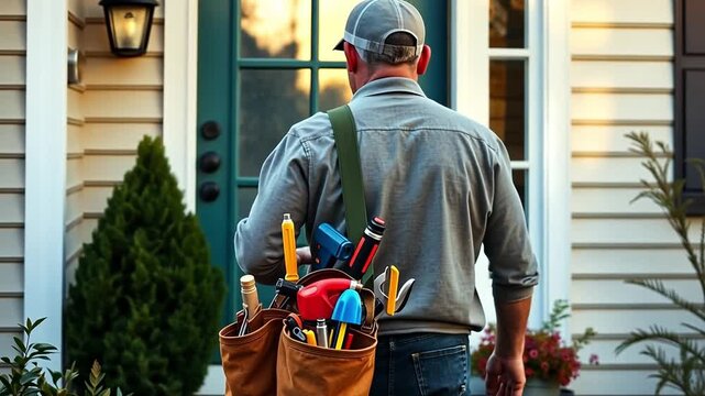A middle-aged Caucasian man with short gray hair carries a tool bag filled with various tools. He stands in front of a house with a green door and light-colored siding.