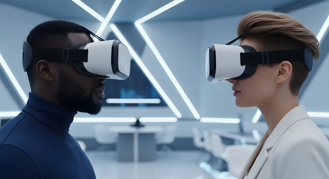 Diverse professionals experiencing virtual reality in a futuristic office, showcasing innovation and future technology