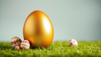 Exquisite Golden Easter Egg Displayed Among Decorated Eggs on Lush Grass
