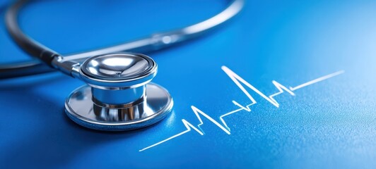 The stethoscope resting beside an electrocardiogram on a blue background.