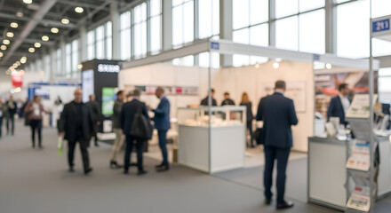 Blurred view of people at a trade show or business expo hall