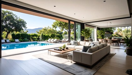 Fototapeta premium Stunning modern home with luxury pool view, inviting indoor outdoor living and elegant furnishings