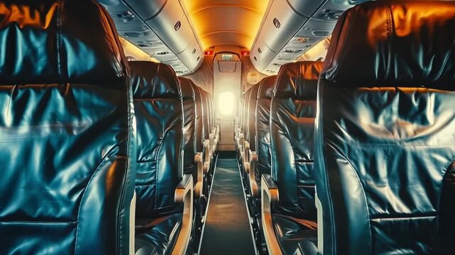 A row of empty seats in an airplane with blue leather seats