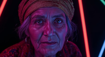 Portrait of an Elderly Woman with a Headscarf in Neon Lights, a Captivating Study.