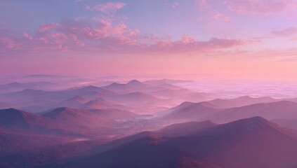 Obraz premium Misty mountain range at sunrise, soft pink hues