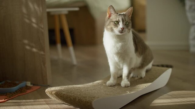 Curious cat looking up in sunlit room