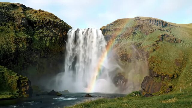 4K Slow-Motion Iceland Waterfall with Rainbow and Cinematic Mist