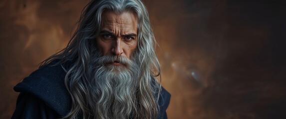 The Wise Old Man, Portrait of a Bearded Elder with Long Gray Hair and Intense Gaze.