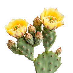 Blooming prickly pear cactus with bright yellow flowers on a Transparent Background