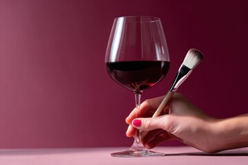 A hand gently holds a wine glass filled with red wine, while a brush rests elegantly on the rim, all set against a rich burgundy background with soft lighting