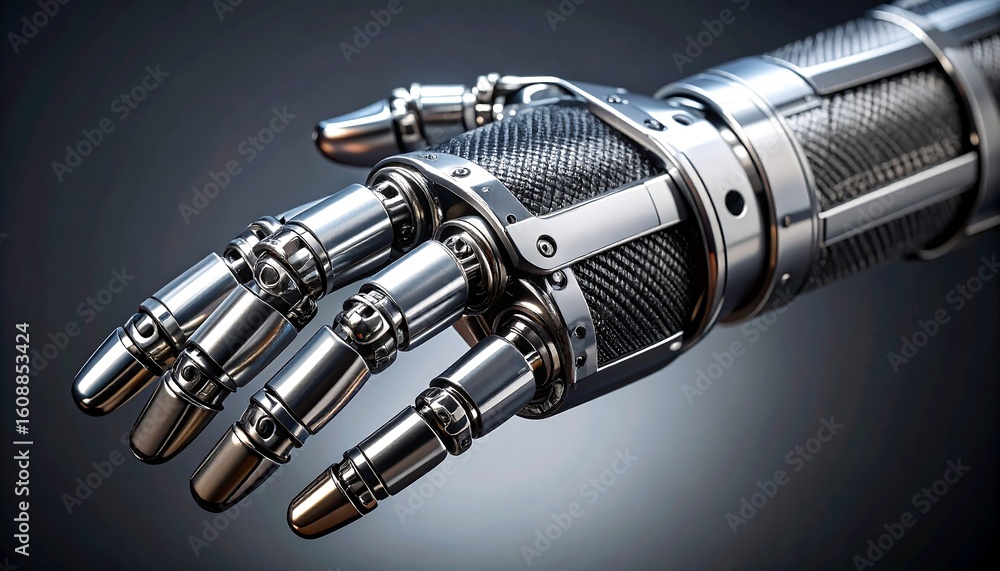 Poster futuristic technology chrome robot hand offers dynamic design for innovative projects and creative c