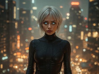 Cyberpunk Woman with Glowing Eyes Against a Futuristic Cityscape Backdrop.