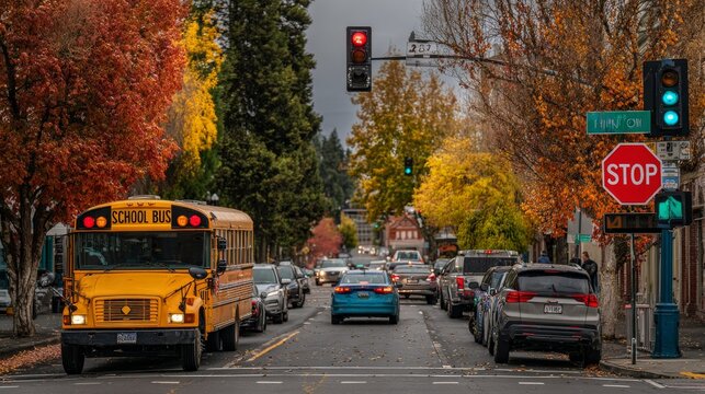 Yellow school bus stopped on urban street with red STOP sign extended lights flashing,ensuring child safety during student pickup while cars wait nearby,with traffic lights and buildings in background - Powered by Adobe