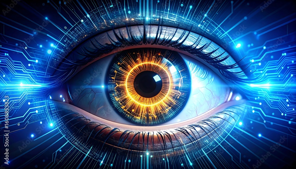 Poster futuristic eye with circuit board pattern conveys artificial intelligence and advanced technology vi