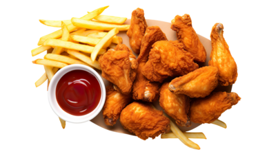 falling kfc style chicken legs and thighs with french fries