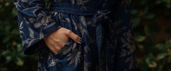 Elegant Woman in Blue Floral Robe with Hand in Pocket, Outdoor Fashion Shoot.