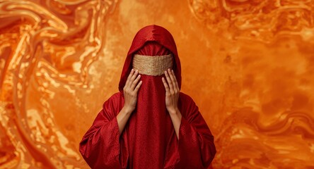 Enigmatic Figure in Red Robe with Woven Band, Against Abstract Orange Backdrop.