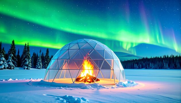 Igloo with aurora borealis and fire - Powered by Adobe