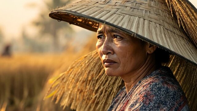 Woman in straw hat, golden field