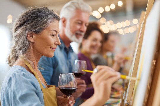 Mixed-age participants create art while sipping red and white wine in a vibrant workshop environment lit by string lights, enjoying a relaxed evening together