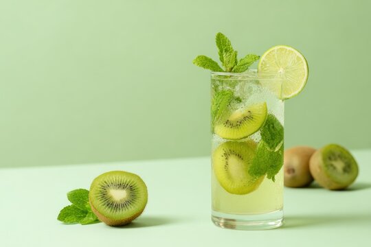 A mojito-style mocktail combines fresh kiwi, zesty lime, and aromatic mint in a tall glass against a soft pastel green backdrop, ideal for health enthusiasts