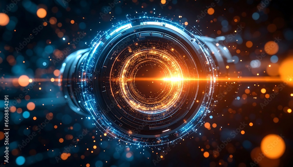 Poster futuristic glowing portal with dynamic energy fields and vibrant particle effects for technology des