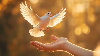 White dove landing on an open hand at sunset