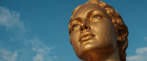 Gilded Beauty. Portrait of a Golden Statue Against a Blue Sky with Clouds.
