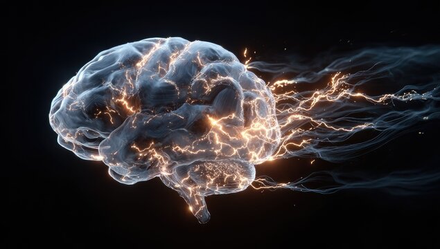 3D render of a glowing brain, energy trails radiating outward