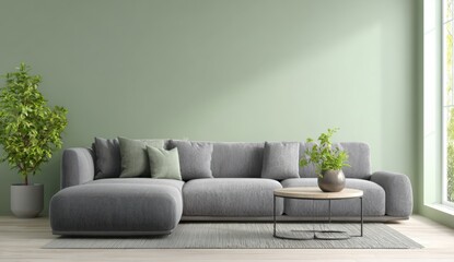 Comfortable gray sectional sofa with soft pillows and a round coffee table creates a relaxing, inviting atmosphere in a modern living room.