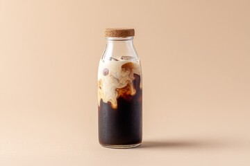 A transparent bottle filled with cold brew coffee showcases almond milk swirling gracefully inside, complementing a soft beige background, perfect for summer refreshment